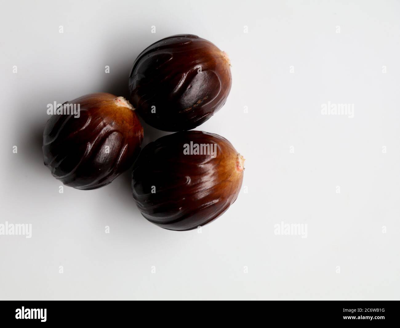 Frische braune Farbe Muskatnuss Samen vor weißem Hintergrund gehalten. Muskatnuss, Myristica fragrans, ist ein tropischer immergrüner Baum mit würzigen Früchten Stockfoto
