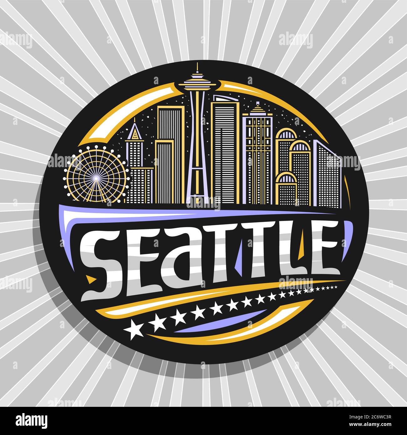Vektor-Logo für Seattle, schwarzes dekoratives Abzeichen mit Umriss Illustration der modernen seattle Stadtlandschaft auf Abendhimmel Hintergrund, Kunst Design Tourist f Stock Vektor