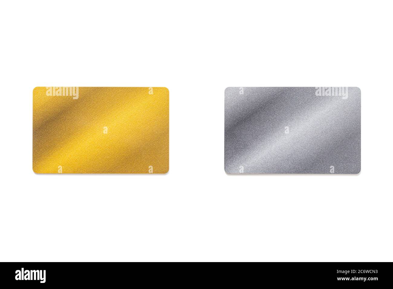 Goldene und silberne brillante Blankokarten isoliert auf Weiß für das Branding Stockfoto