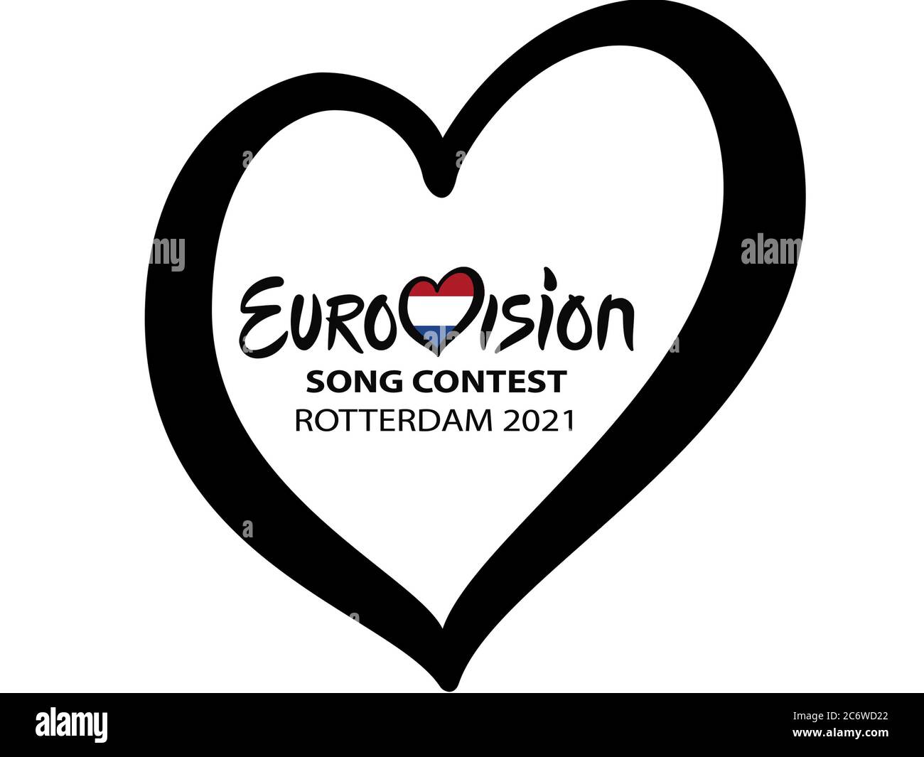 Eurovision Song Contest 2021. Text Rotterdam 2021 Eurovision Herz auf weißem Hintergrund. Stockfoto