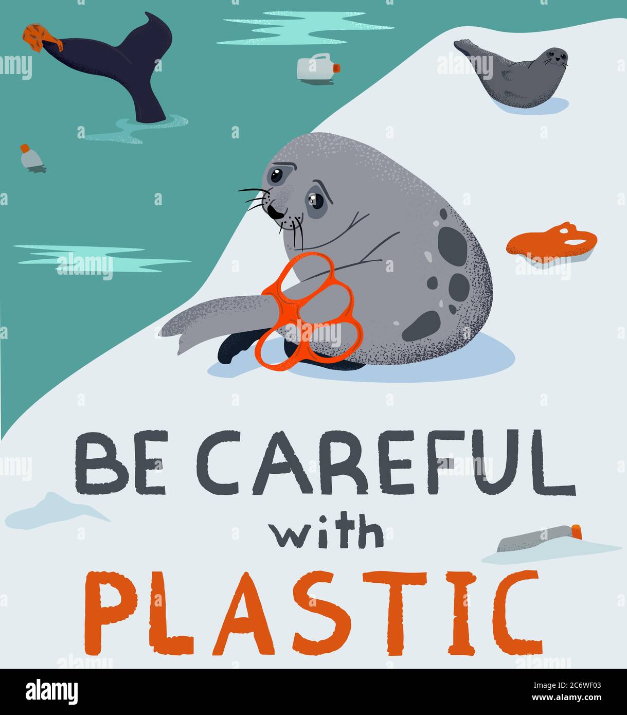 Umweltproblem der Verschmutzung der Ozeane, Plastik und Pelzdichtungen Stock Vektor