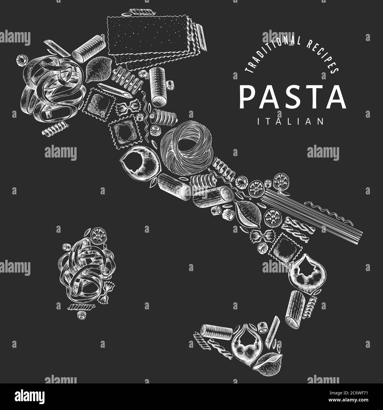 Pasta in Form von Italien. Handgezeichnete Vektor Lebensmittel Illustration auf Kreidetafel. Retro Pasta verschiedene Arten Hintergrund. Stock Vektor