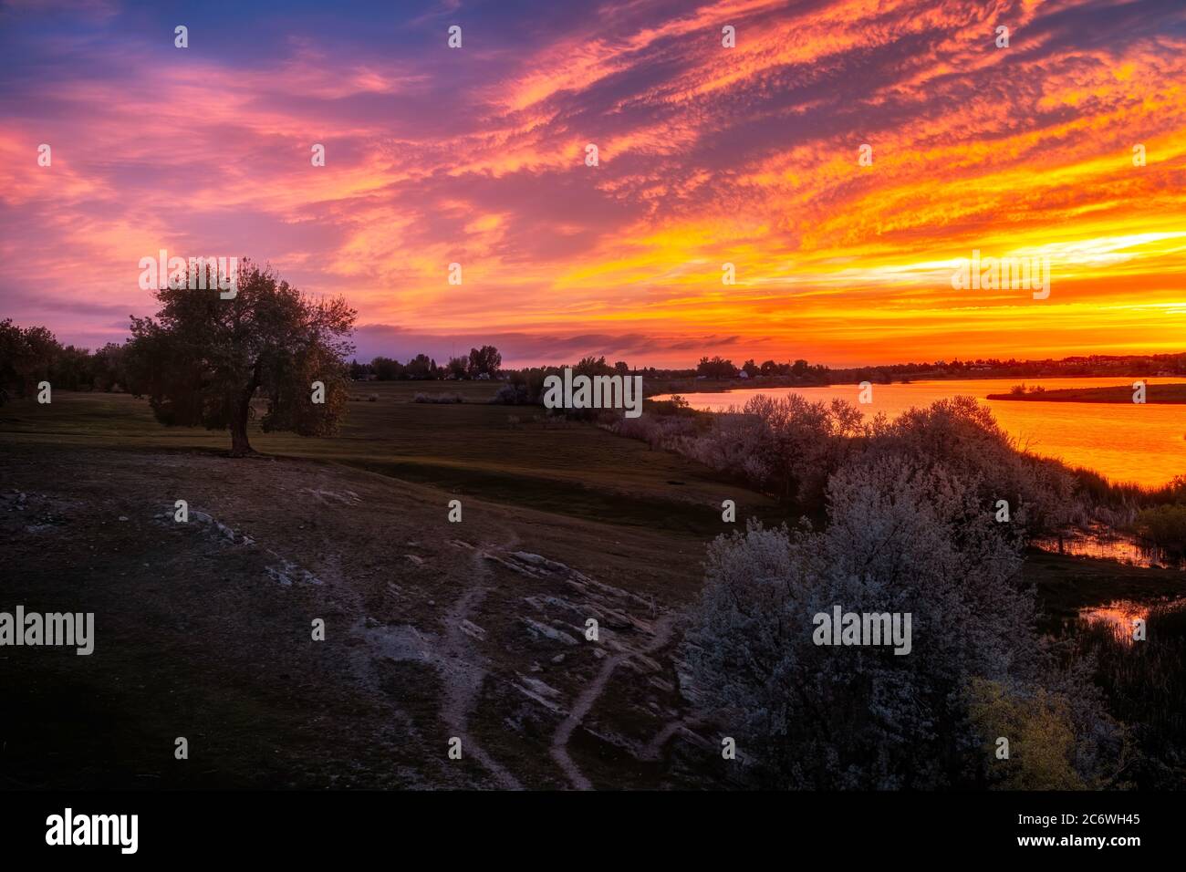 Die Wolken platzen mit Sonnenaufgangsfarben über den Bäumen und Seen von Loveland Colorado in Larimer County Stockfoto