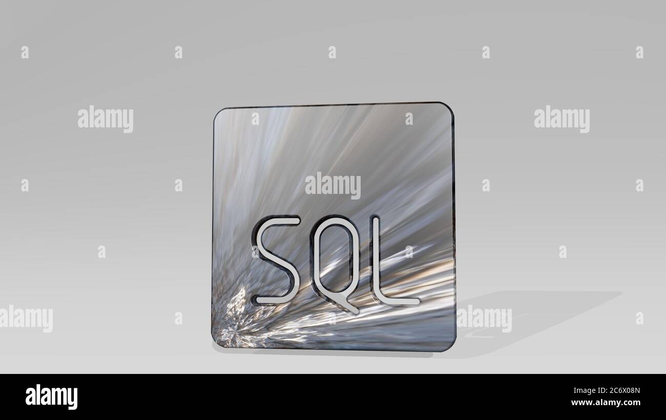 SQL wirft Schatten mit zwei Lichtern. 3D-Illustration von metallischen Skulptur auf weißem Hintergrund mit milder Textur Stockfoto