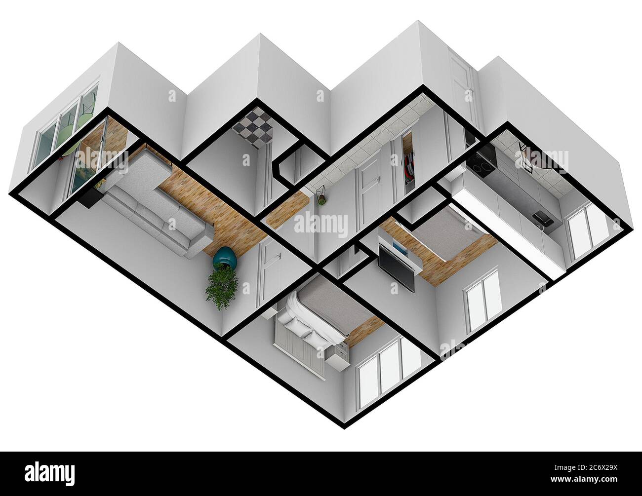 Grundriss Innenraum. 3d-Grundriss für Immobilien. Grundriss. 3D-Design des Heims. Farbiger Grundriss. Stockfoto