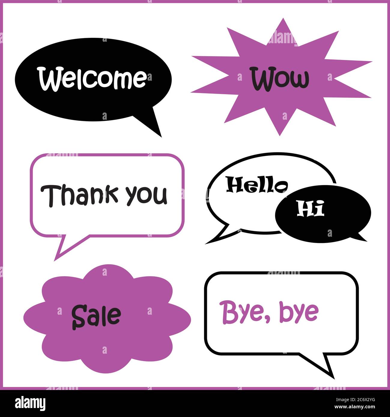 Set von Vektor-Sprechblasen verschiedene Form in schwarz weiß und rosa, Text willkommen, wow, danke, Verkauf, hallo, hallo und bye Stock Vektor