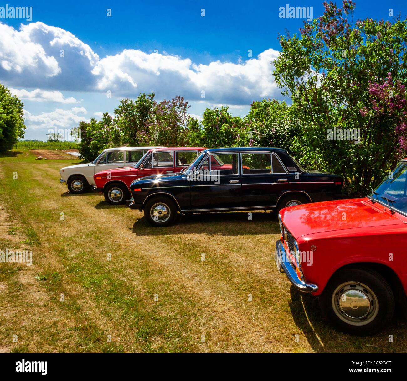 Bunte sowjetische Lada Autos während der jährlichen Lilac Festival in Dobele angezeigt. Stockfoto