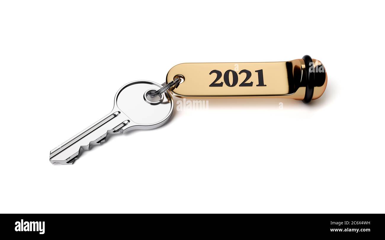 Zimmerschlüssel mit goldenem Schlüsselbund 2021 Neujahr Konzept isoliert auf weiß Stockfoto