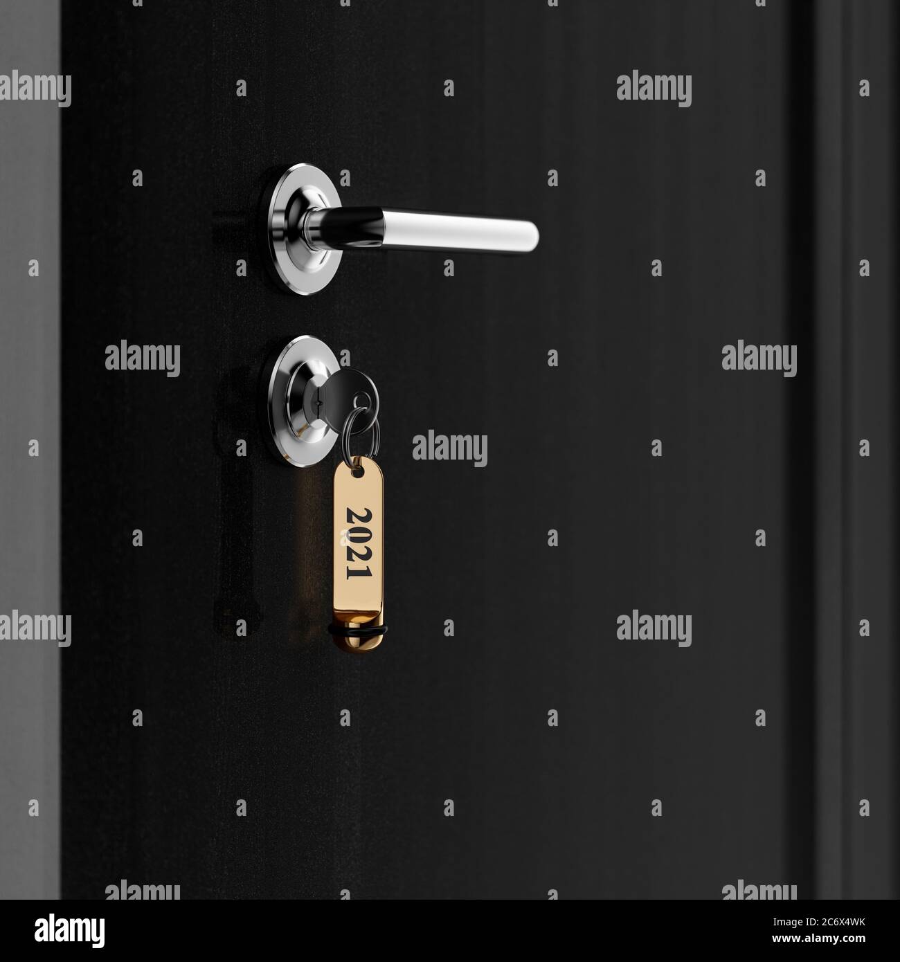 Braune Zimmertür mit Schlüssel im Schloss mit goldenem Schlüsselzeichen 2021 Neujahr Konzept Stockfoto
