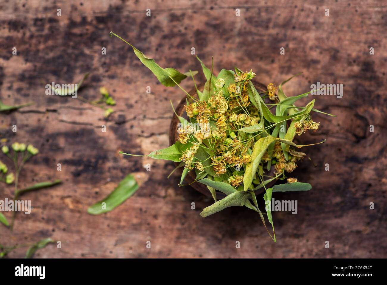 Getrocknete Linden Blumen und Blätter in einer Holzschale Draufsicht Stockfoto