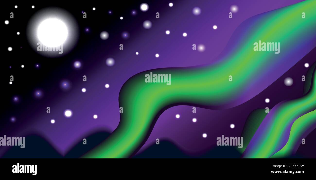 Abstrakte Lanscape mit Nordlicht über Bergen bei Nacht mit Vollmond und glänzendem Stern, Vektor eps 10 Stock Vektor
