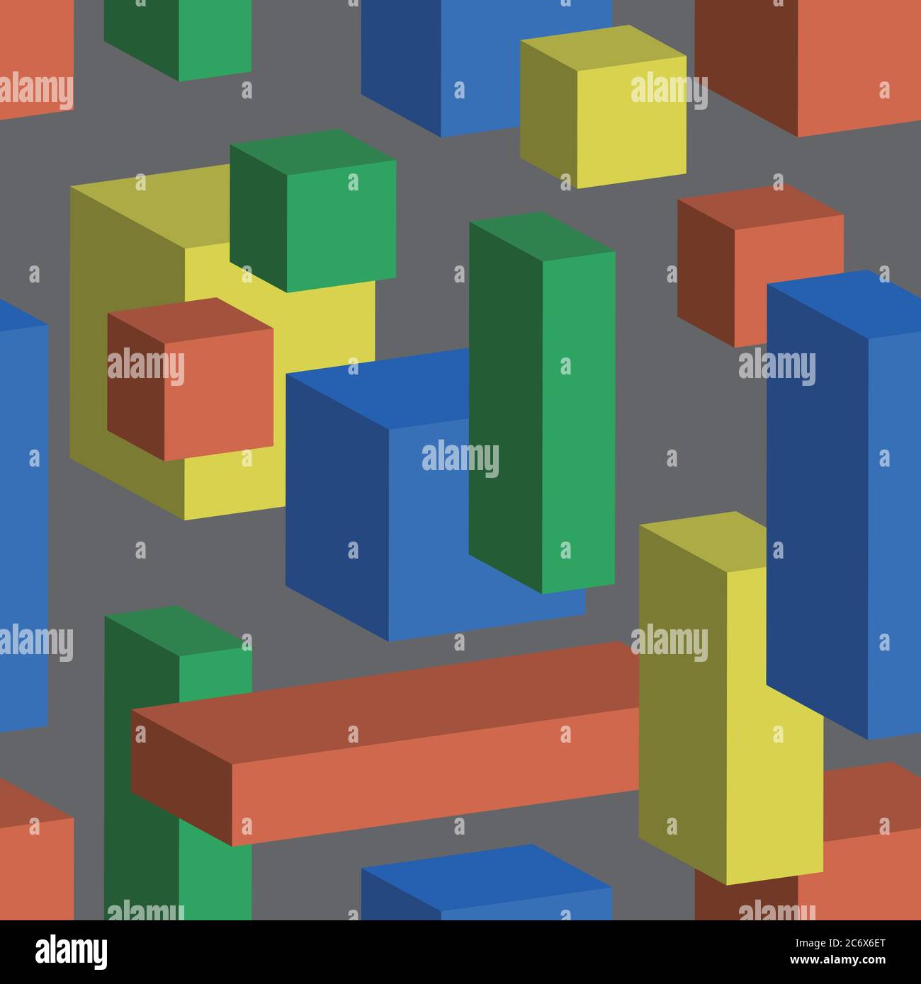 Nahtloser Vektorhintergrund mit mehrfarbigen Würfeln und Quader im isometrischen 3D-Stil. Geometrisches Muster. Gelbes, rotes, grünes und blaues Kindergebäude Stock Vektor