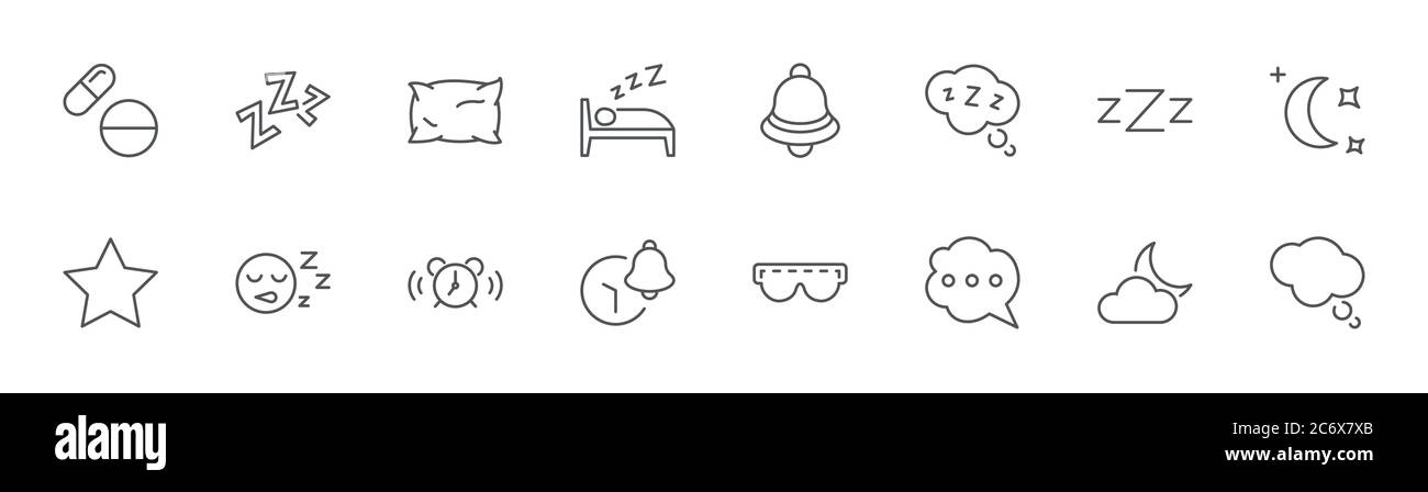 Symbole Für Die Schlafzeilenlinie. Icon Wecker Kissen, Schlafpillen, Glocke. Bearbeitbare Kontur Stock Vektor