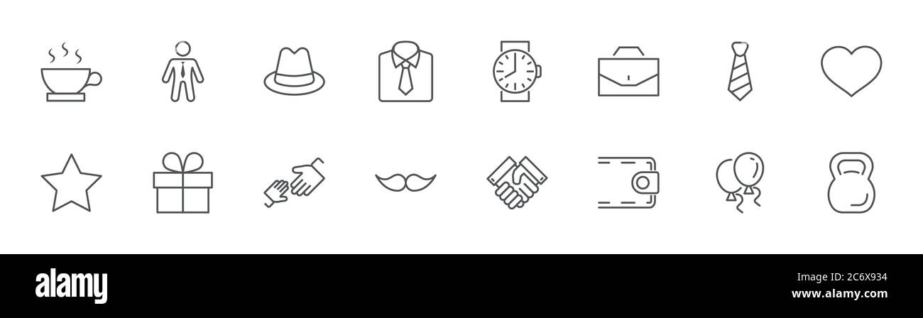 Symbole der Vatertagslinie. Schnurrbart, Krawatte, Hemd, Hut, Geldbörse, Geschenk. Bearbeitbare Kontur Stock Vektor