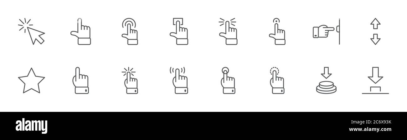 Klicken Sie Auf Schaltflächen Symbole. Symbole Cursor, Maus, Hand, Finger, Pfeil. Bearbeitbare Kontur Stock Vektor