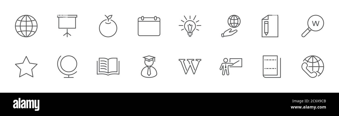 Wikipedia's Geburtstagline Symbol. Wikipedia, Open Book, Lehrer. Bearbeitbare Kontur Stock Vektor