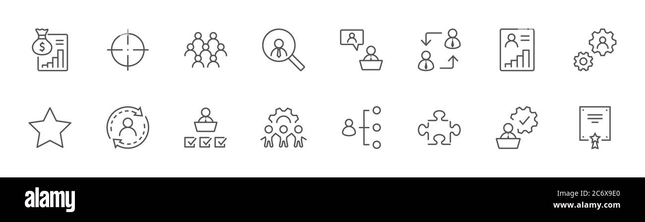 Symbole Für Die Personenverwaltungslinie. Ziel, Verarbeitung, Kopfjagd. Bearbeitbare Kontur Stock Vektor