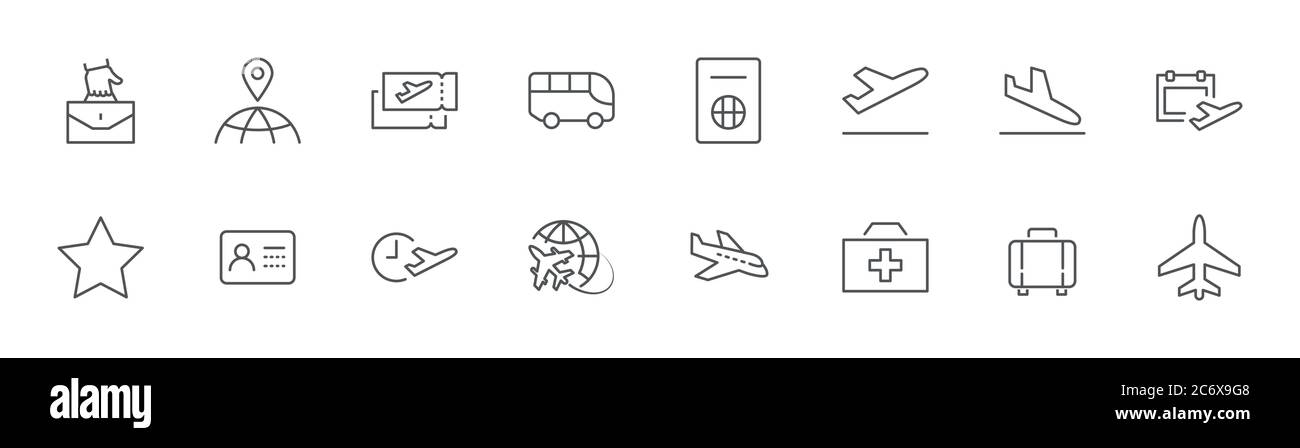 Symbole Der Flughafenlinie. Symbole wie Globe, Bus Tickets für Abflughalle. Bearbeitbare Kontur Stock Vektor
