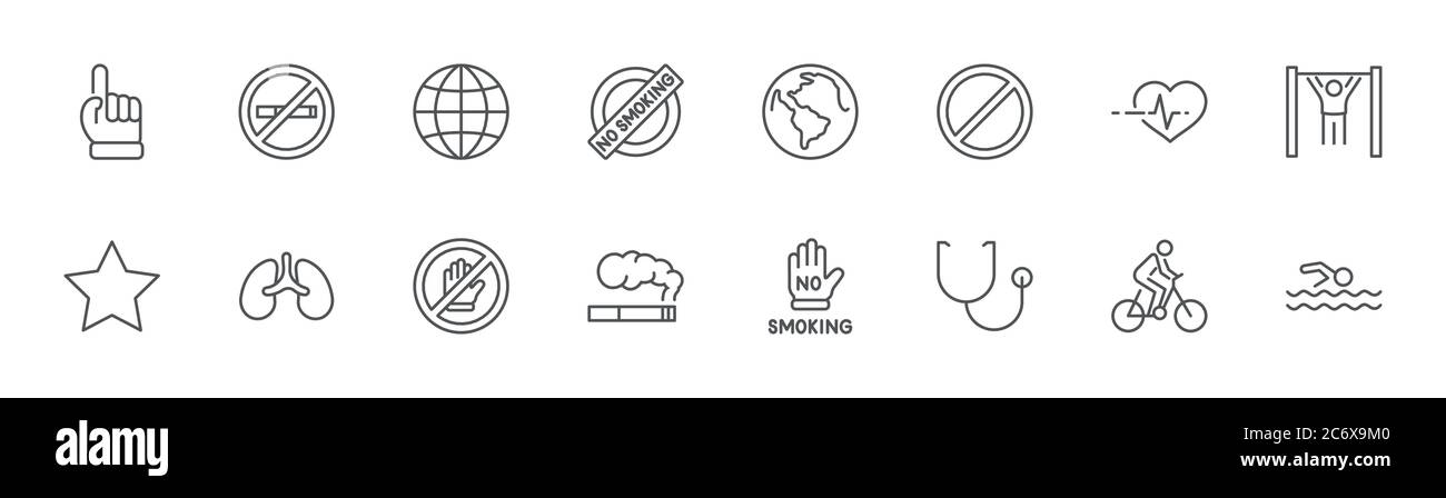 Internationale No Tobacco Day Line-Symbole. Zigaretten, Rauchen. Bearbeitbare Kontur Stock Vektor