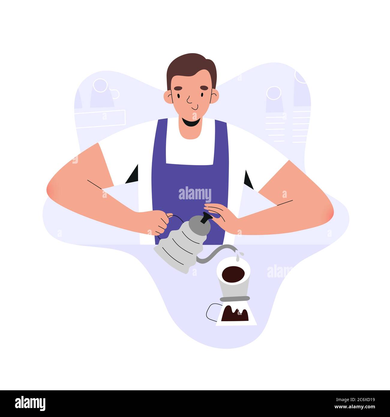 Barista junger Mann Kaffee, Brühen gießen über Kaffee im Café, flache Vektor-Illustration, Cartoon-Charakter Kellner trägt Schürze, Vorbereitung Stock Vektor