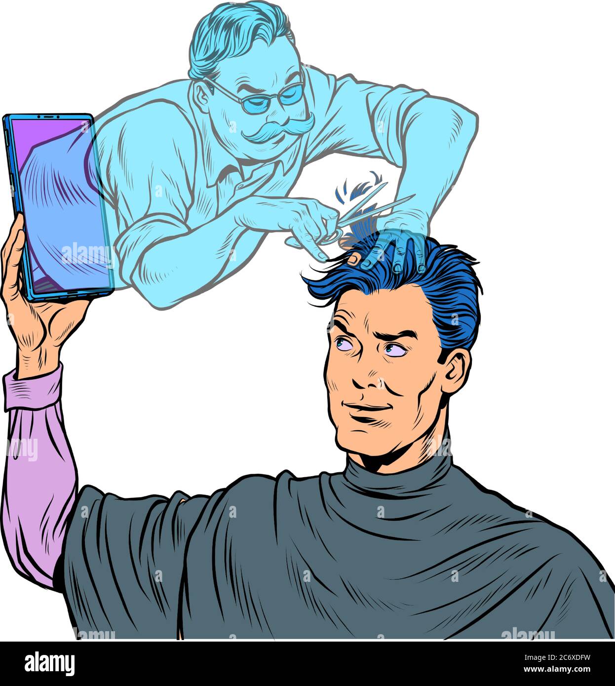 Remote work online help. Ein männlicher Barber macht einen Haarschnitt Stock Vektor