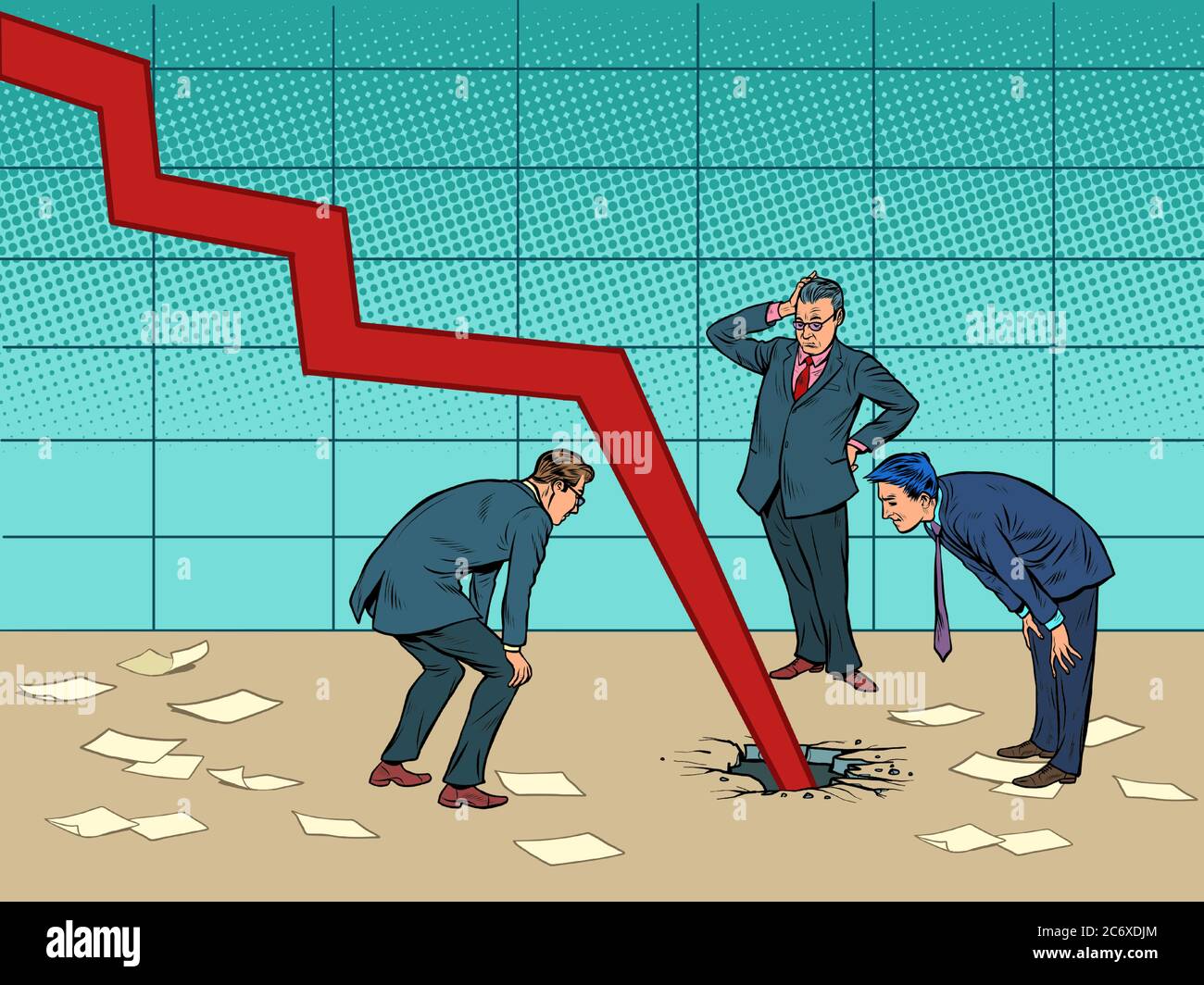 Geschäftsleute sind verwirrt. Das Diagramm geht nach unten und brach den Boden Stock Vektor