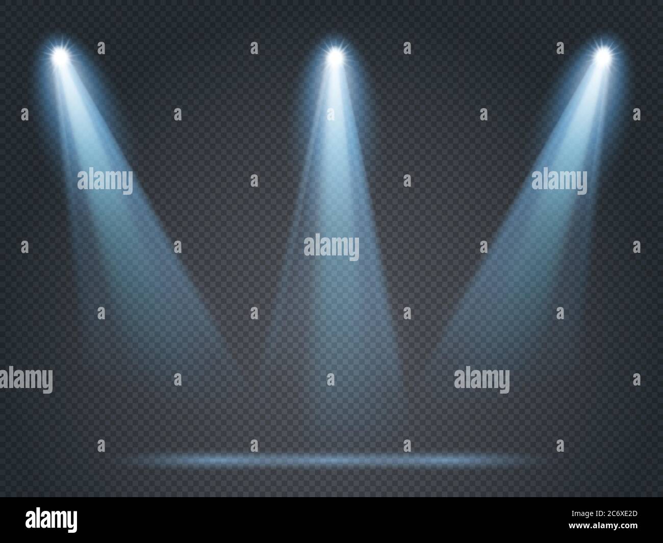 Flutlicht mit weißem Licht an Ecken und Mitte für Bühne, Szene oder Podium. Beleuchtung vom Projektor Stock Vektor