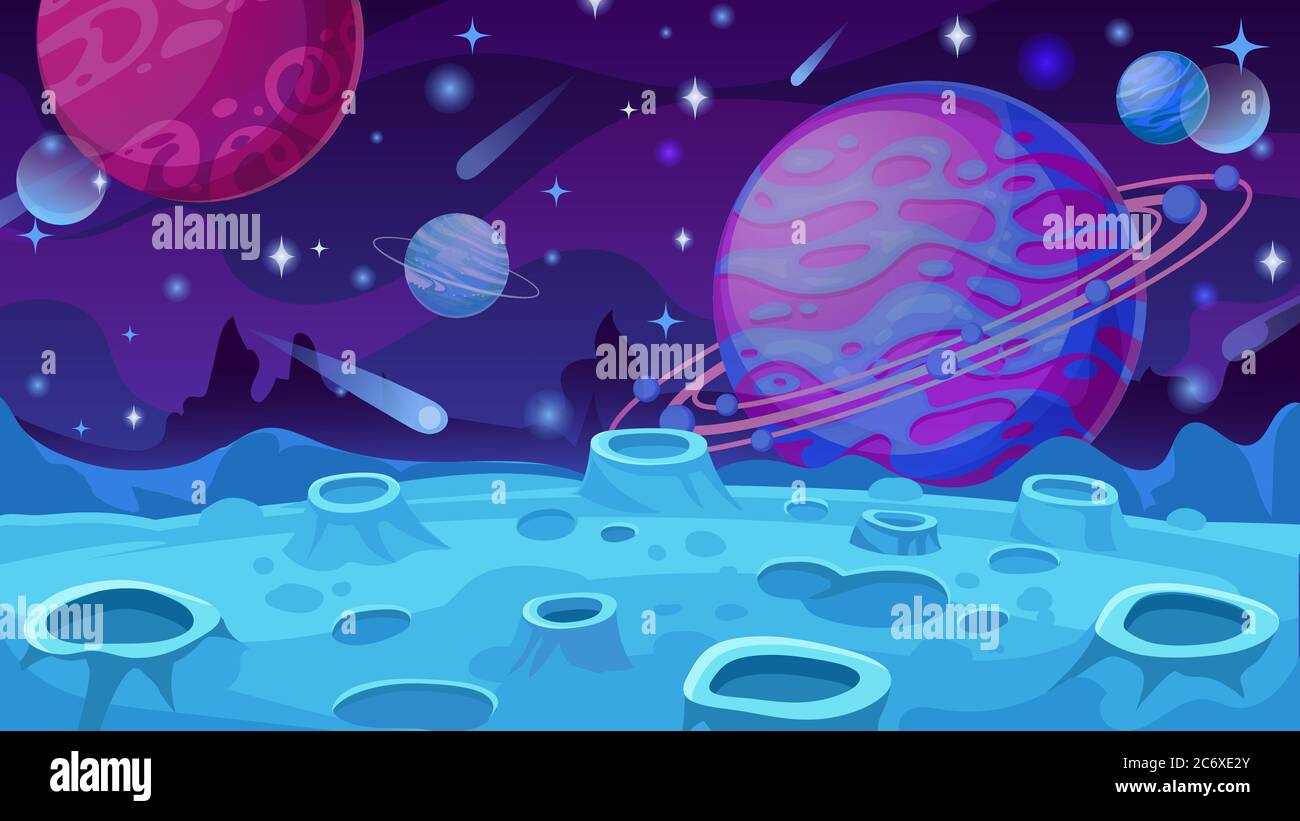 Fantasy-Planetenoberfläche. Außerirdische Landschaft mit Kratern, Kometen und Felsen, futuristische Animation Galaxie Welt für Spiel Vektor-Konzept Stock Vektor