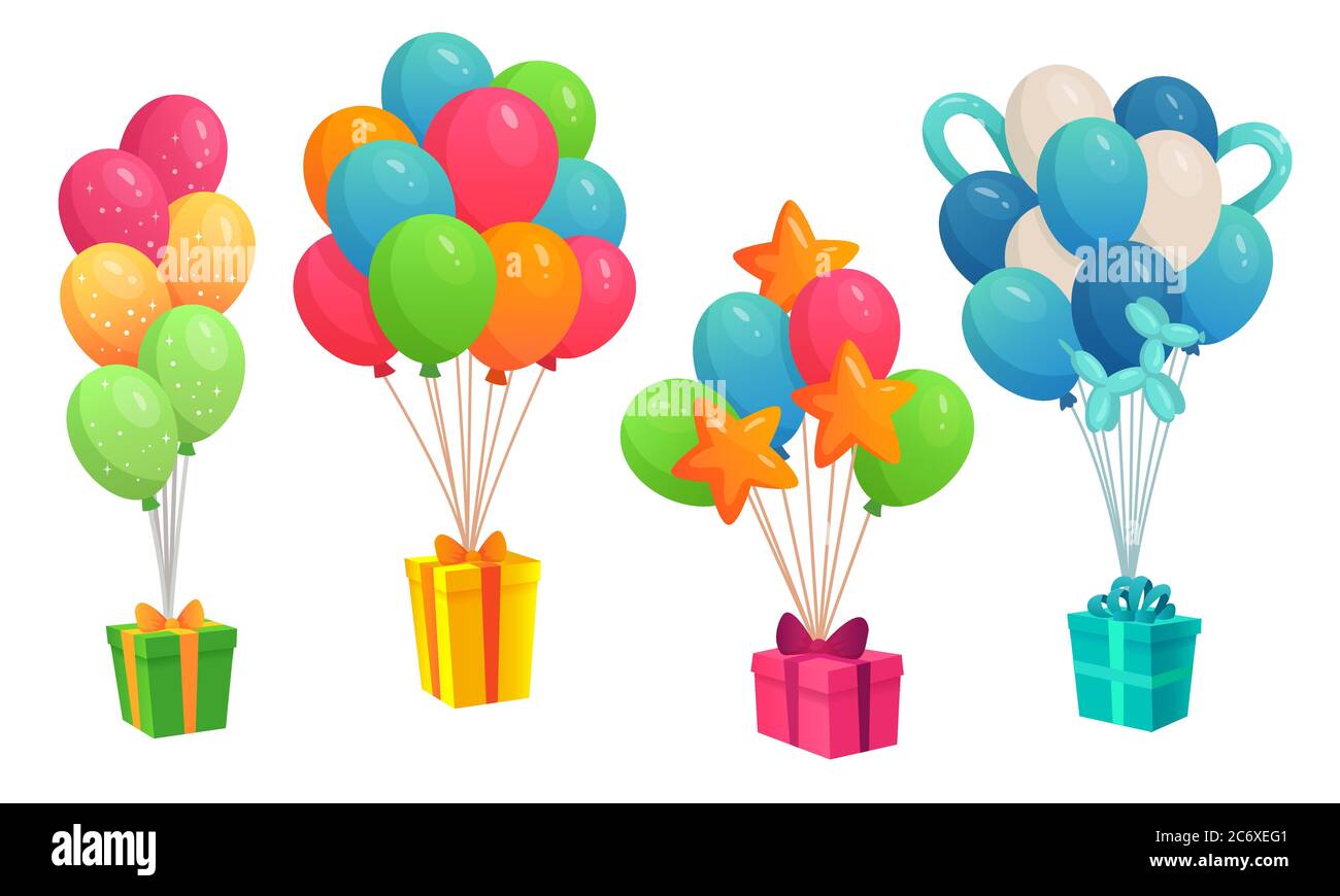 Geschenke hängen auf bunten Ballons Haufen. Schachteln in verschiedenen Farben und Formen mit Schleife zum Geburtstag Stock Vektor