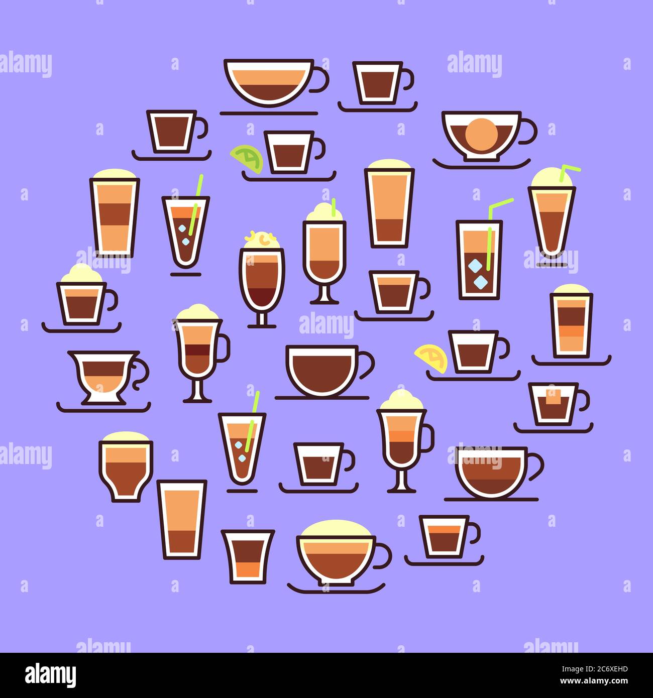 Kaffeesorten. Heiße Getränke in Glassbecher mit Milch. Espresso, Latte mit Sahne. Rezept, Proportionen Stock Vektor