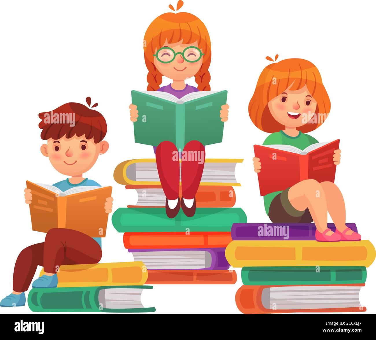 Kinder sitzen auf Bücherstapeln und lesen Literatur. Junge und Mädchen lernen oder studieren. Schulbildung Stock Vektor
