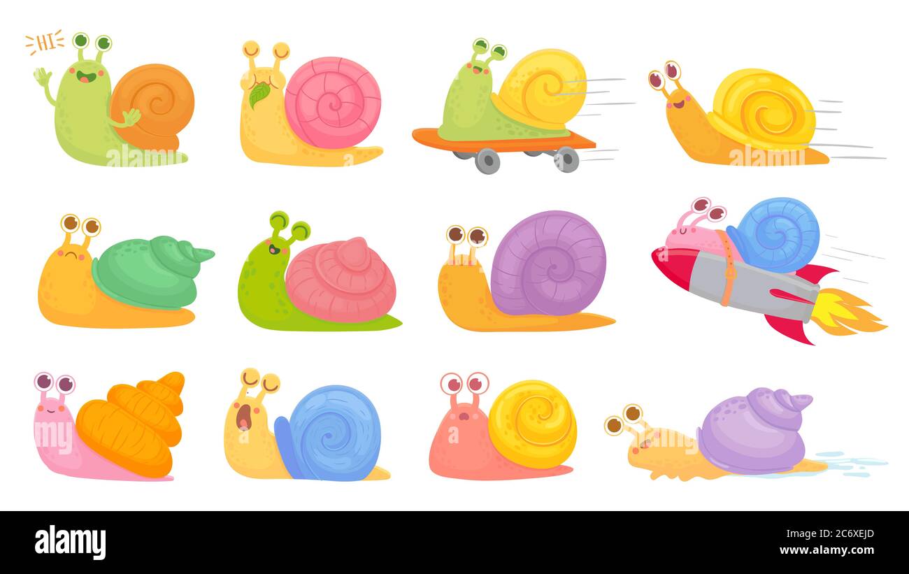 Cartoon Schnecken. Slug auf Start Rakete, Skateboard und schlafen, gähnend und schnelle Vektor Kinder Charaktere gesetzt Stock Vektor