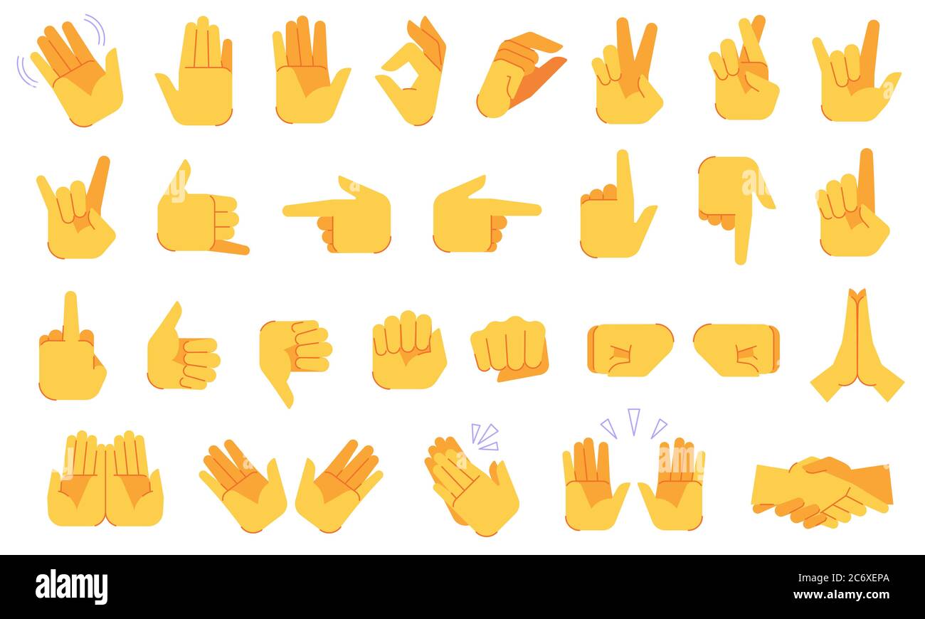 Emoji-Handgesten. Verschiedene Hände Signale und Zeichen, ok und Sieg, Frieden und Handschlag, Applaus, Geste Symbole Vektor-Symbole gesetzt Stock Vektor