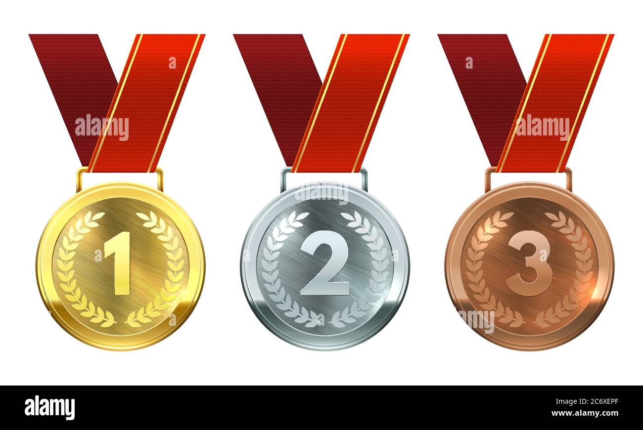 Gold-, Silber- und Bronzemedaillen. Erste, zweite und dritte Platz Auszeichnungen, realistische runde Medaillen auf roten Bändern, Meisterschaft Belohnung Vektor-Set Stock Vektor