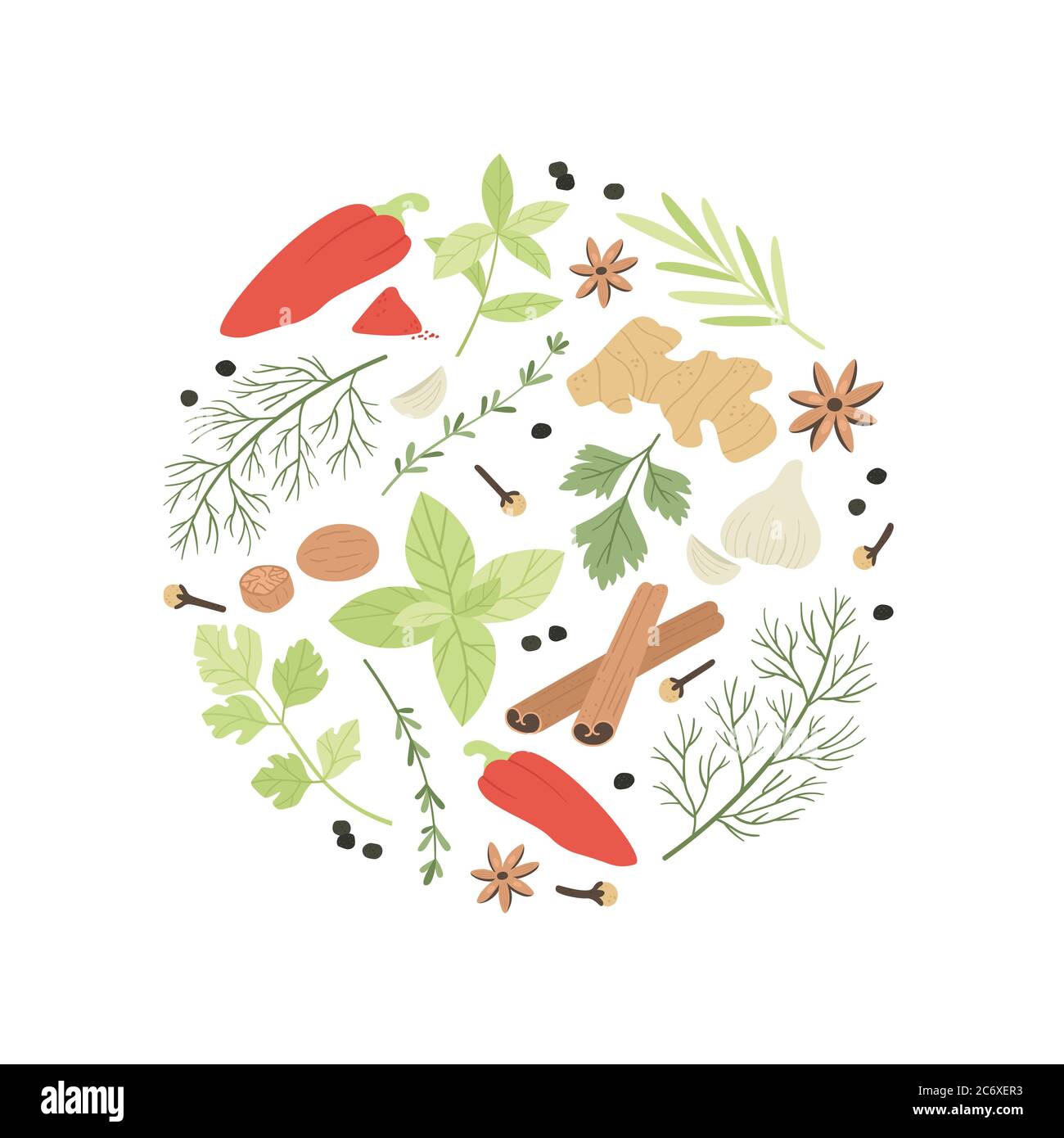 Gewürze und Kräuter. Farbe verschiedene Kochen aromatische Zutaten Design für Restaurant-Menü, Banner Aufkleber oder Paket, Vektor-Zusammensetzung Stock Vektor