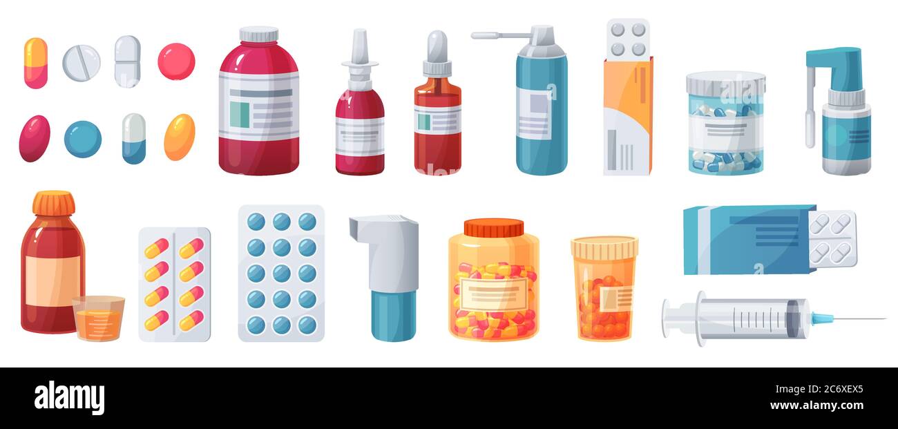 Karikaturmedikamente. Medikamente, Tabletten, Kapseln und verschreibungspflichtige Flaschen. Blister, Spritze und Schmerzmittel Medikamentenvektor Apotheke Set Stock Vektor