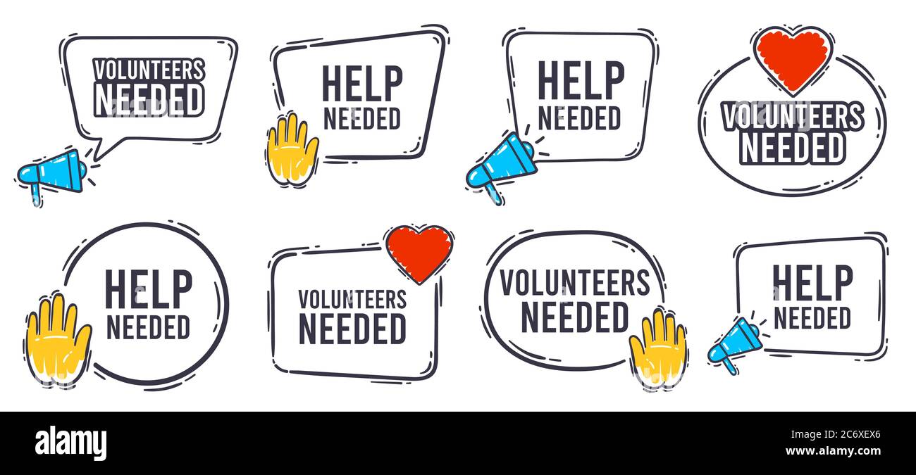 Freiwillige brauchten Banner. Hilfe benötigt Label mit Herz, helfende Hand und Werbung Horn Lautsprecher Symbol. Freiwillige Suche Sprache Blase Banner Stock Vektor