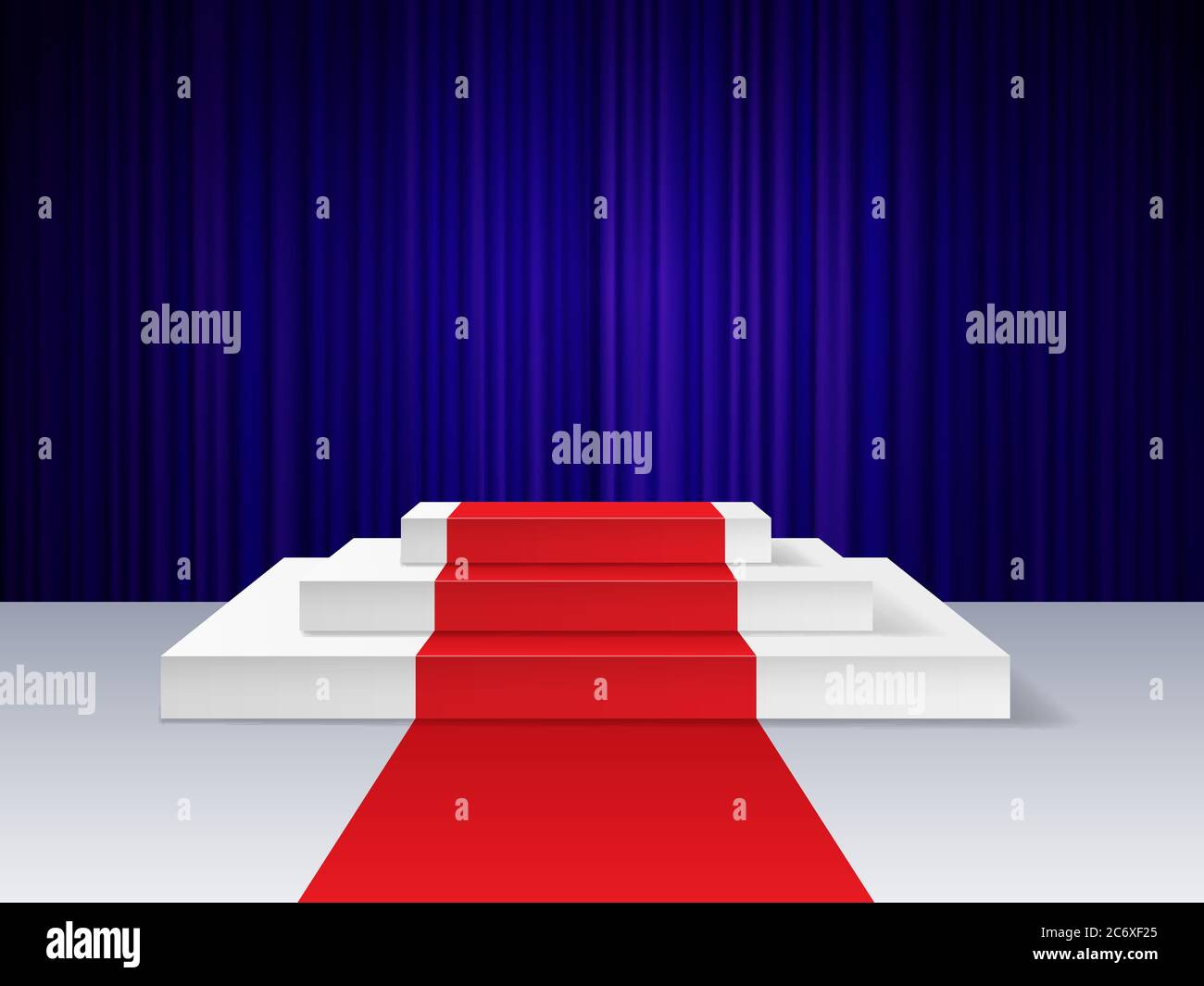 Roter Teppich zum Podium. Realistischer leerer Sockel für Preisverleihung mit Beleuchtung, Plattform für Show, Kino Präsentation Vektor-Konzept Stock Vektor