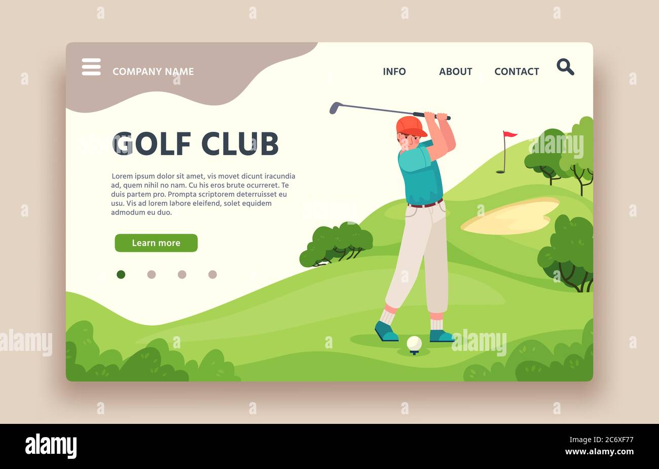Golf Club Webseite. Sportclub mit grünem Spielplatz, Löcher mit Flaggenstöcken, Sandfallen, Golfwagen, Golfschule Landing Vektor Seite Stock Vektor