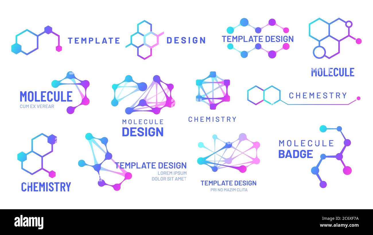 Molecule-Logos. Chemie und Wissenschaft Logo mit sechseckigen Struktur und molekularen Gittern Vorlagen Stock Vektor