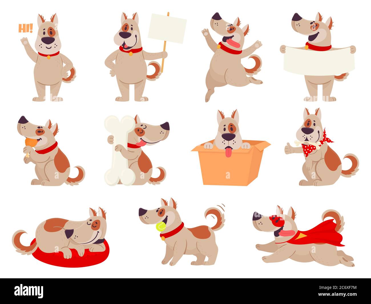 Cartoon Hund Maskottchen. Nette Hunde in verschiedenen Aktionen und Emotionen, glücklich Lächeln freundliches Verhalten Haustier, Charakter lustig Avatar Vektor-Set Stock Vektor