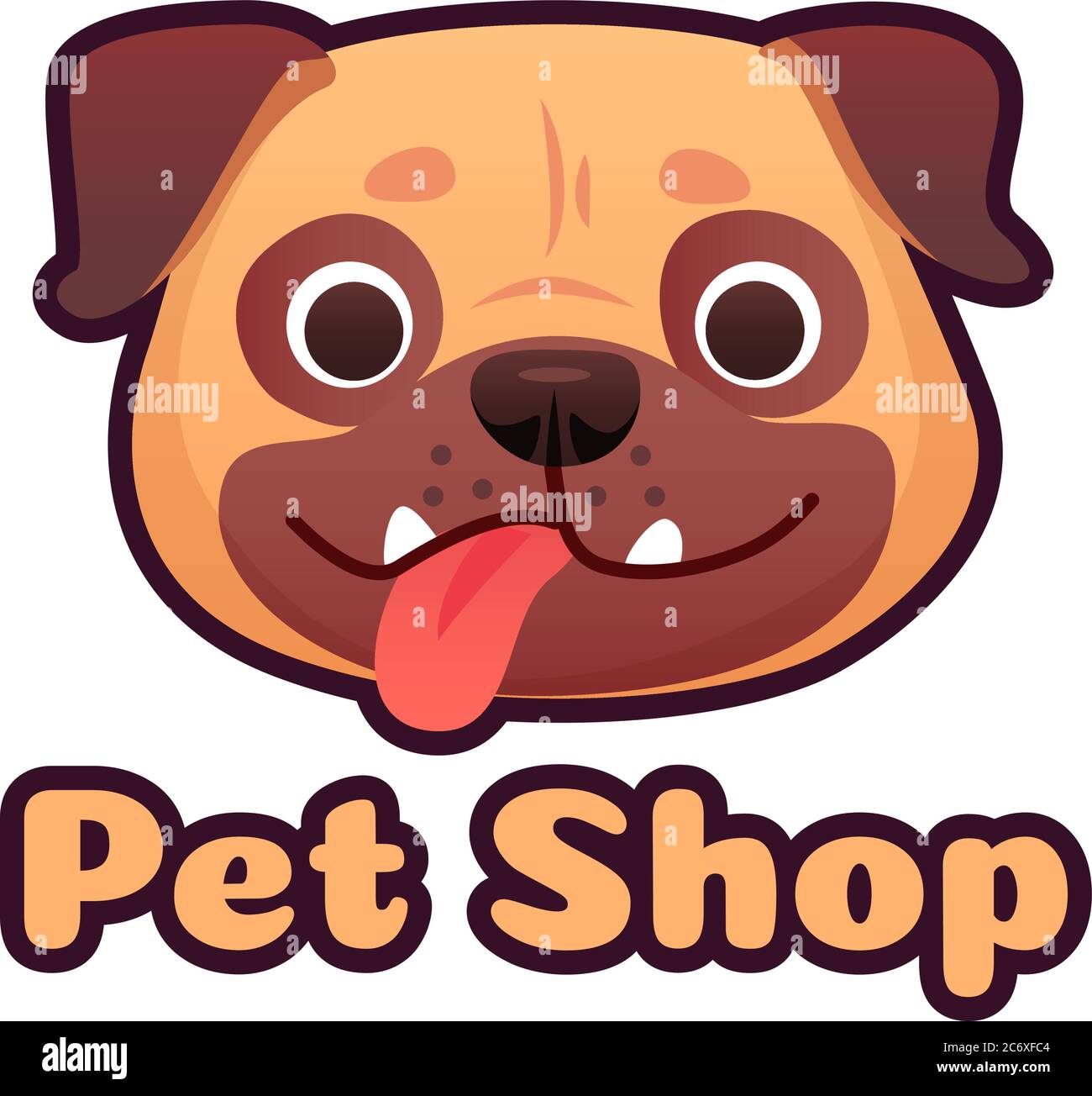 Tierhandlung Logo-Design mit Mops Gesicht. Hundegeschäft Verkauf von Waren und Zubehör für Haustiere, Welpen Kopf Stock Vektor