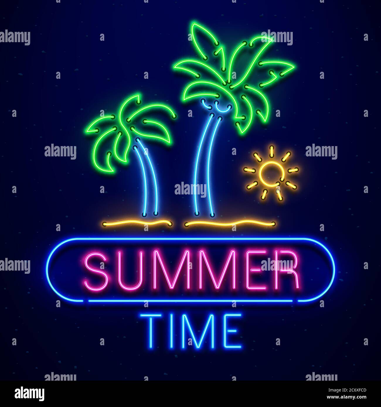 Sommer Neonschild. Palmen am Sandstrand, Sonne isoliert auf dunkelblauem Hintergrund. Sommerlogo, Banner Stock Vektor