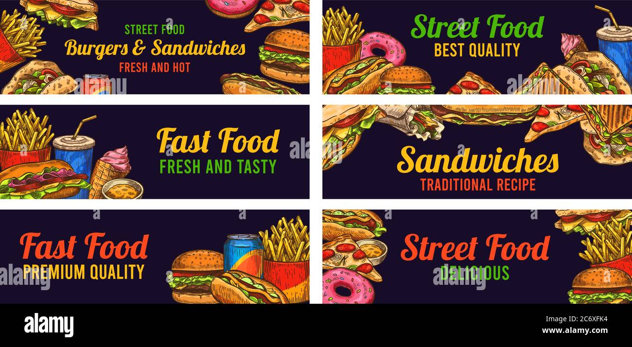 Fastfood-Banner. Skizze Hamburger und Hot Dog, Pizza und Pommes, Burger, Donuts und Cola, Werbung Restaurant Werbung Vektor-Set Stock Vektor