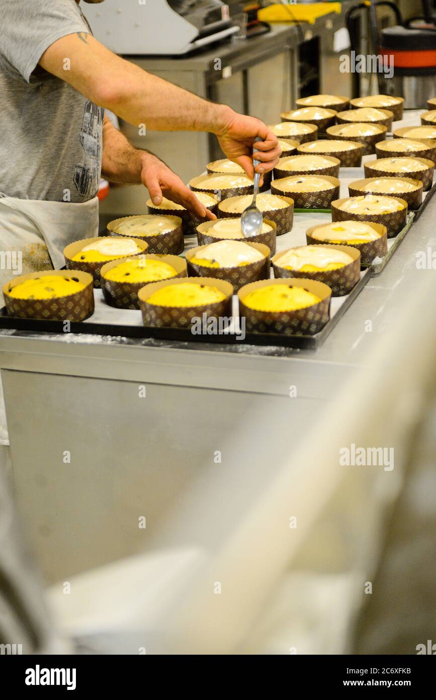 Bereiten Sie eine Gruppe von Panettone italienischen weihnachten süßen Kuchen in profi-Backofen Stockfoto Bereiten Sie eine Gruppe von Panettone italienischen weihnachten süßen Kuchen in profi-Backofen Stockfoto