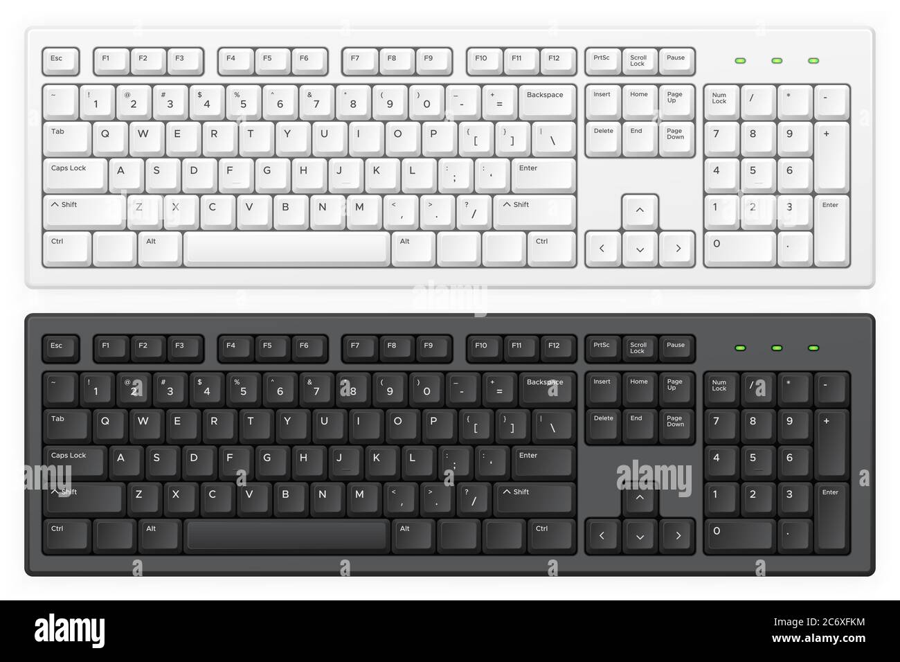 Tastatur. PC-Tasten in Weiß und Schwarz mit englischem qwerty-Alphabet realistische Vektor isolierte Vorlage für Gerät und PC-Mainboard Stock Vektor