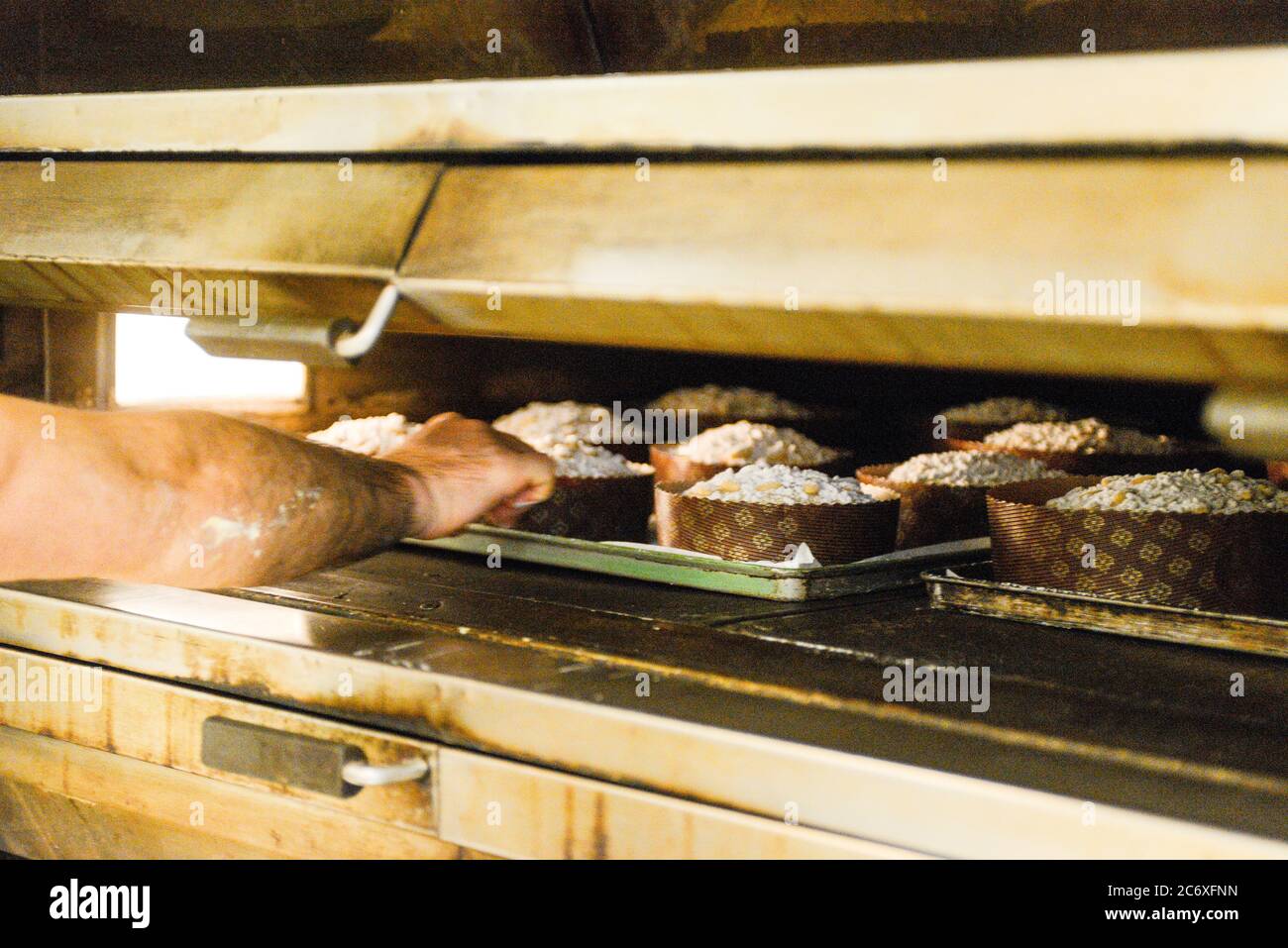 Backen Sie eine Gruppe von Panettone italienischen weihnachten süßen Kuchen in profi-Backofen Stockfoto Backen Sie eine Gruppe von Panettone italienischen weihnachten süßen Kuchen in profi-Backofen Stockfoto