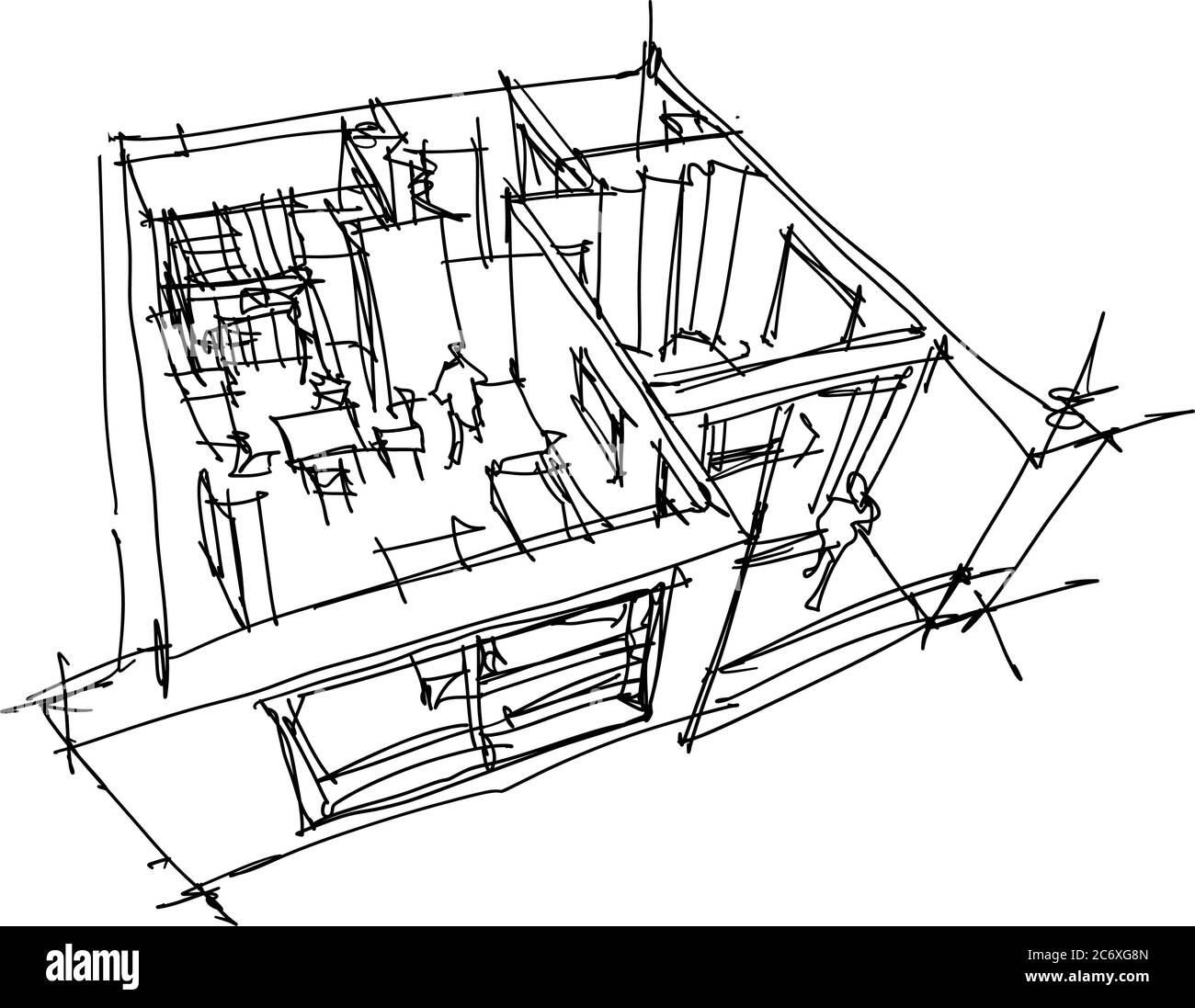 Hand gezeichnete Skizze von Perspektive und schneiden Sie den Schaltplan für ein Apartment mit einem Schlafzimmer komplett eingerichtete Stock Vektor
