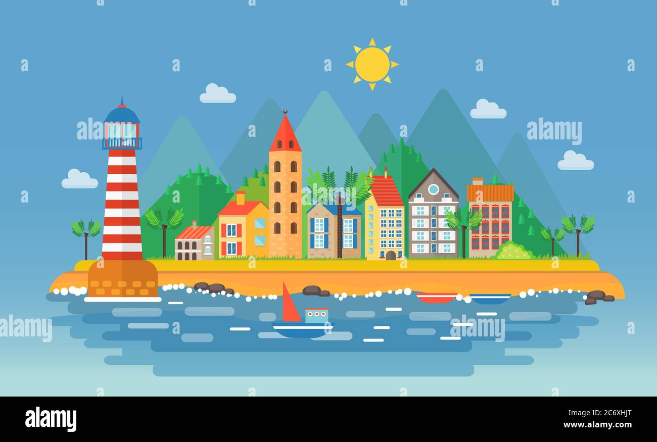 Kleine Stadt Stadtlandschaft Illustration. Cartoon Stadtbild auf den Bergen Hintergrund nahe Meer Meer Strand. Hafen Hafen Dorf Stock Vektor