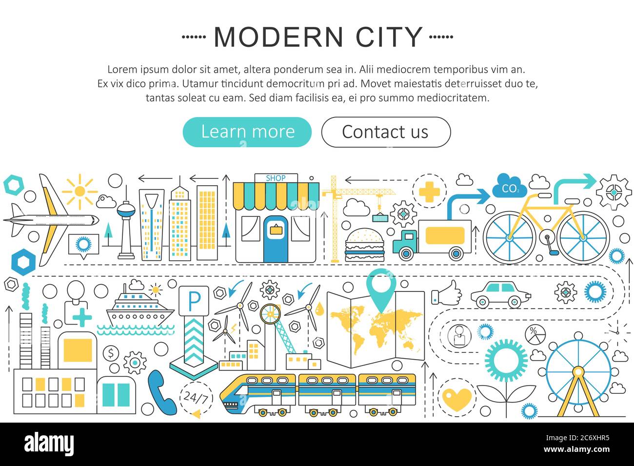 Vector moderne Linie flaches Design moderne smart City Konzept. Moderne Smart City Icons Website Header, App Design Poster Banner Stock Vektor